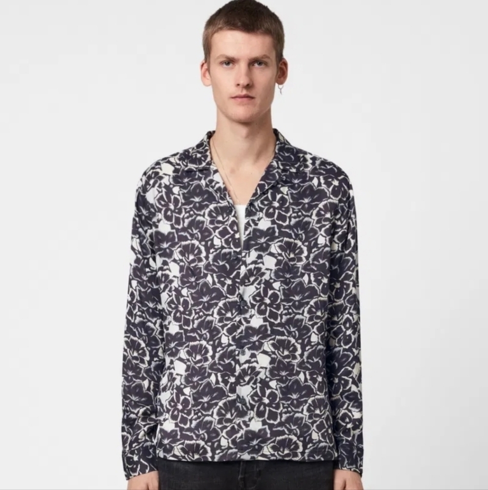 All Saints Tiergarten Hawaiian Floral Long Sleeve Shirt size XS Jet Black